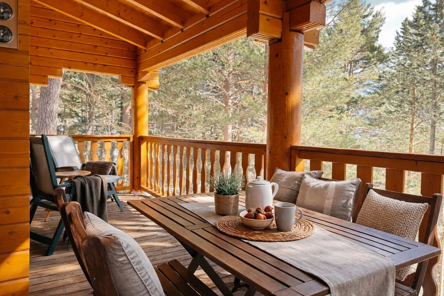 Covered terrace of the chalet facing the forest in summer