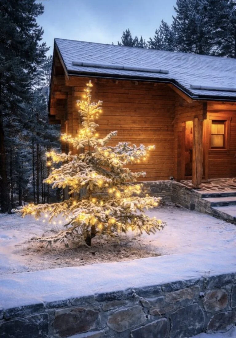 The chalet lit up in the snow